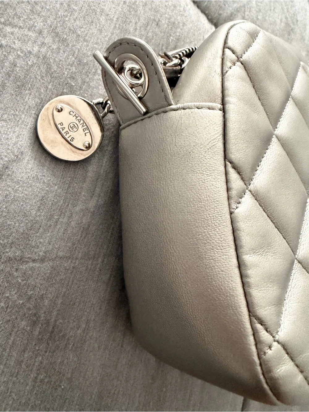 CHANEL Quilted Leather Camera Crossbody in Silver Metallic Gray